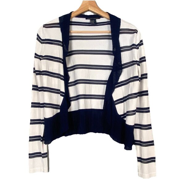 Boston Proper Ivory Ruffled Nautical Ruffle Edge Striped Cardigan Sweater Size S - Picture 1 of 10